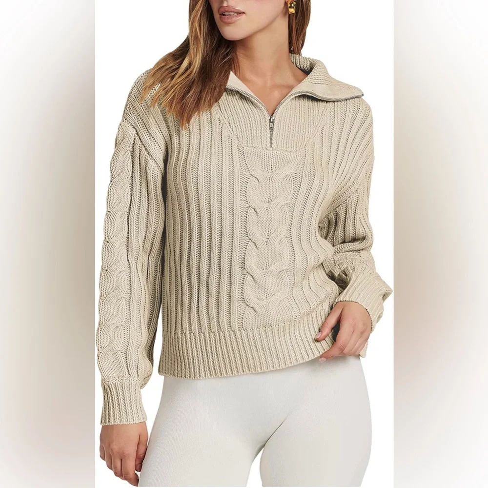 Women's 2022 FallWinter Long Sleeve 1/4 Zipper Collared Casual Chunky Cable Knt - Picture 1 of 4